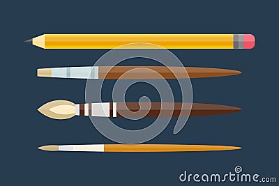 Paint and writing tools collection flat style colored stationery equipment drawing and education artist cartoon Vector Illustration