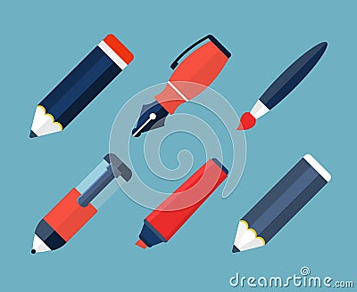 Paint and writing tools flat icons Vector Illustration