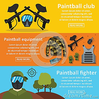 Paintball club banner horizontal set, flat style Vector Illustration