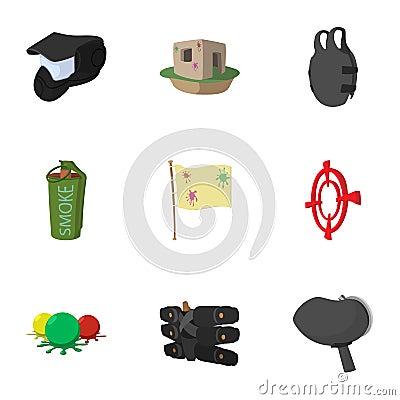 Paintball club icons set, cartoon style Vector Illustration