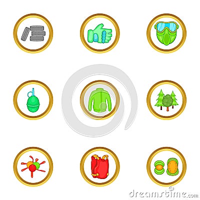 Paintball equipment icons set, cartoon style Vector Illustration