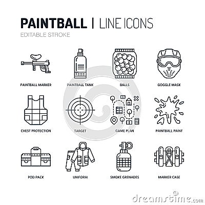 Paintball game line icons. Outdoor sport equipment, paint Vector Illustration