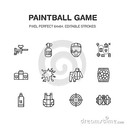 Paintball game vector flat line icons. Outdoor sport equipment, paint ball marker, uniform, mask, chest protection Vector Illustration