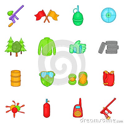 Paintball icons set, cartoon style Vector Illustration