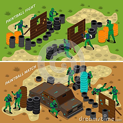 Paintball Isometric Banners Vector Illustration