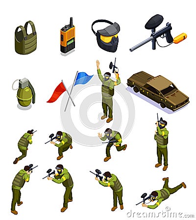 Paintball Isometric Elements Set Vector Illustration