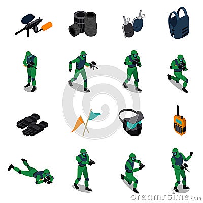 Paintball Isometric Icons Set Vector Illustration