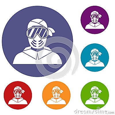 Paintball player wearing protective mask icons set Vector Illustration