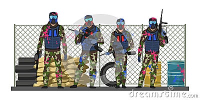 Paintball players after fight with paint guns Vector Illustration