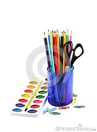 Paintbox and colored pencils Stock Photo