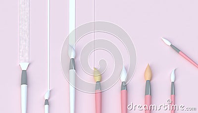 Paintbrush artistic set and Beautiful artwork in studio and minimal Concept on pastel pink Tone background Stock Photo