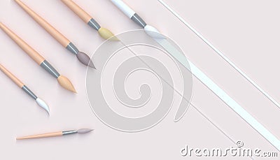 Paintbrush artistic Toons set and Beautiful artwork in studio and minimal Concept on pastel Yellow Tone background Stock Photo