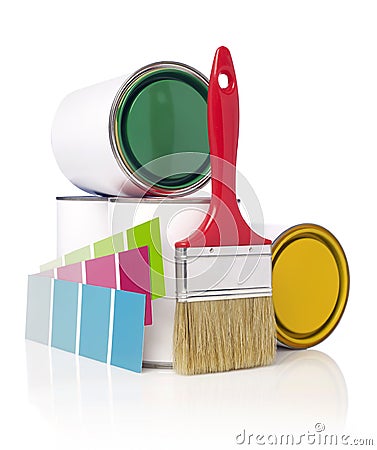 Paintbrush,color swatch and paint cans Stock Photo