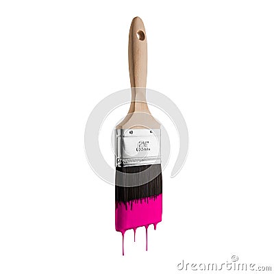 Paintbrush loaded with pink color dripping off the bristles. Stock Photo