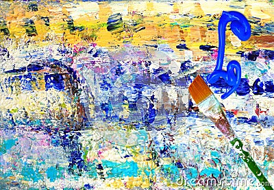 Paintbrush, paint on abstract painting Stock Photo