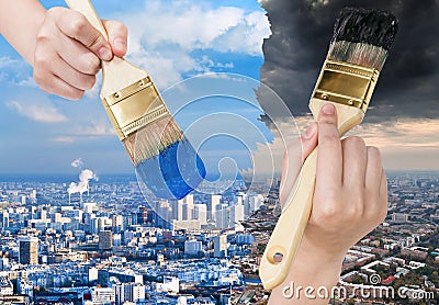 Paintbrush paints blue clean and dark dirty city Stock Photo