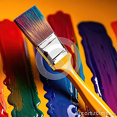 Paintbrush with vibrant splashing colors, showing artistic creativity and brilliance Stock Photo