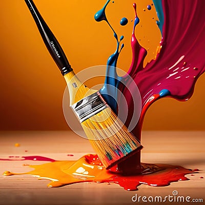 Paintbrush with vibrant splashing colors, showing artistic creativity and brilliance Stock Photo