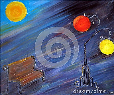 Painted abstract night city with bench and lamps Stock Photo