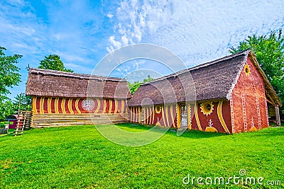 Painted adobe houses of Trypil settlement in Talne village, Ukraine Editorial Stock Photo