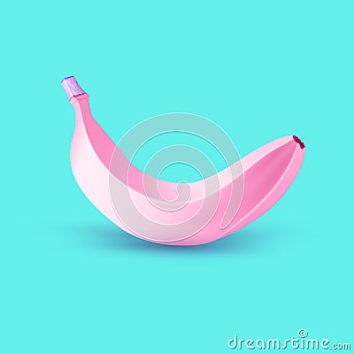 Painted banana pink on turquoise background Vector Illustration