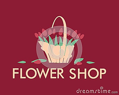 A painted basket of tulips. Logo for the flower shop Vector Illustration