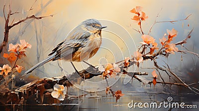 Abstract Oil Painting: Finch Landing In Marsh With Soft Colors Cartoon Illustration