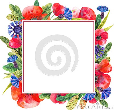 Painted Blank Watercolor Flower Frame Square Border Background. Stock Photo