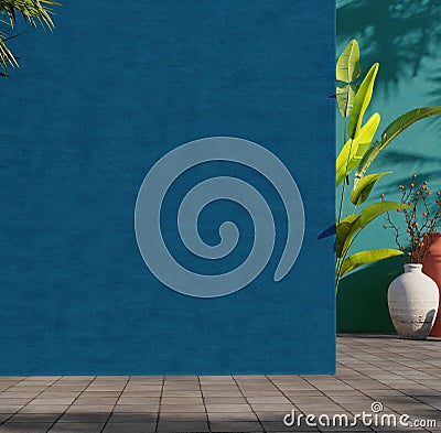 Painted blue and green wall with green tropical leaves, sunlight with shadows and flower pot. Summer, spring background. Stock Photo