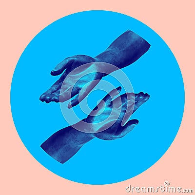 Painted in blue hands in ircle. Contemporary art collage. Concept of memphis style posters. Abstract minimalism Stock Photo