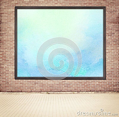 Painted blue watercolor picture with wooden frame Stock Photo