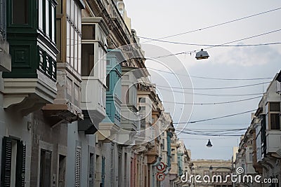 Rabat medieval village street view building in Malta painted bow windows Editorial Stock Photo