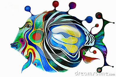 Painted bright fish on a white background. All the colors of the rainbow. Isolated multicolor composition. Painting. Children`s h Stock Photo