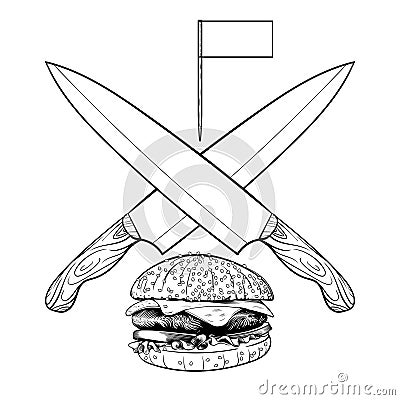 painted burger, burger knife, great delicious sandwich, illustration, vintage style Cartoon Illustration