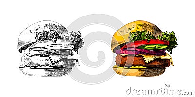 Painted burger, great delicious sandwich, illustration, Vector Illustration