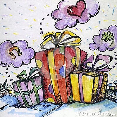 Painted card `Winter surprise` Stock Photo