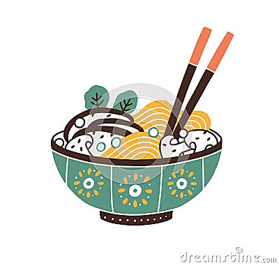 Painted ceramic bowl of Japanese noodle soup served with chopsticks. Ramen dish with meat, mushrooms and greenery Vector Illustration
