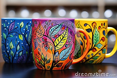 painted ceramic mugs with vibrant colors Stock Photo