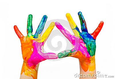 Painted child hands colorful fun isolated Stock Photo