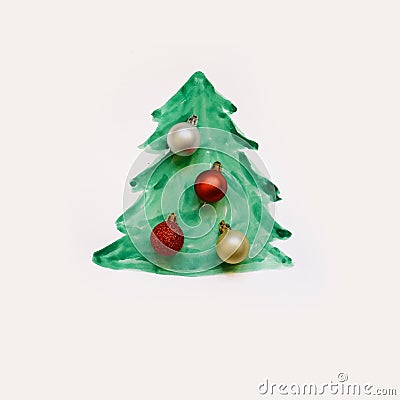 Painted Christmas tree with Christmas balls Stock Photo