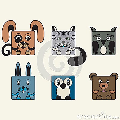 Painted, color set square animals Vector Illustration