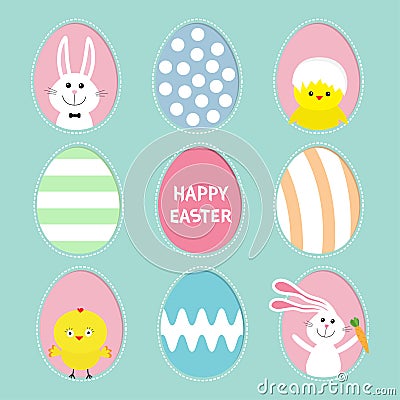 Painted colorful pattern egg frame set Bunny rabbit hare holding carrot. Chicken bird with shell. Happy Easter text. Dash line con Vector Illustration