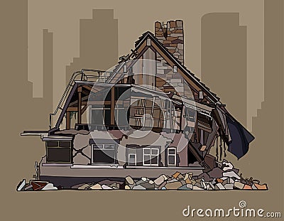 Painted dilapidated two storey cottage in ruins Vector Illustration