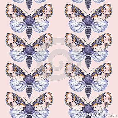 Painted drawing watercolor shaggy butterfly teddy bear seamless background, bright coloring, thick torso, night butterfly on a bed Vector Illustration