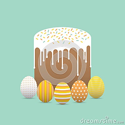 Painted easter eggs with easter cake Vector Illustration