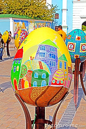 Painted eggs. Street festival of large Easter eggs on Mikhailovska Square Editorial Stock Photo