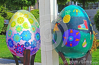 Painted eggs. Street festival of large Easter eggs on Sofievskaya Square Editorial Stock Photo