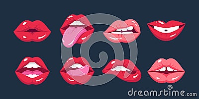 Painted female lips, in cartoon style, in different emotions, expressions. Vector Illustration