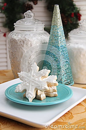 Painted Frosted Snowflake Cookies Blue Christmas Decorations Plate Stock Photo