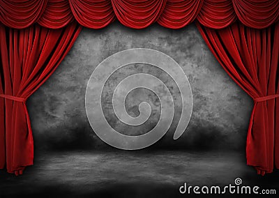 Painted Grunge Theater Stage With Red Velvet Drape Stock Photo